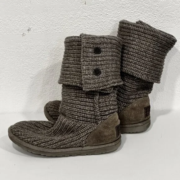 UGG Cable Knit Boots Grey Tall / Fold Over For Shorter Length 3 Button US Size 6 - Picture 6 of 11
